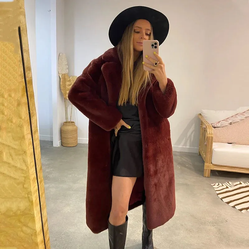 Luxury long rabbit faux fur coat with belt