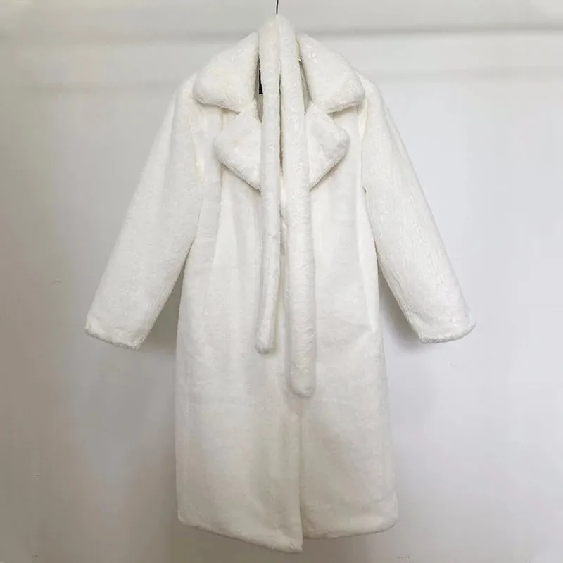 Luxury long rabbit faux fur coat with belt