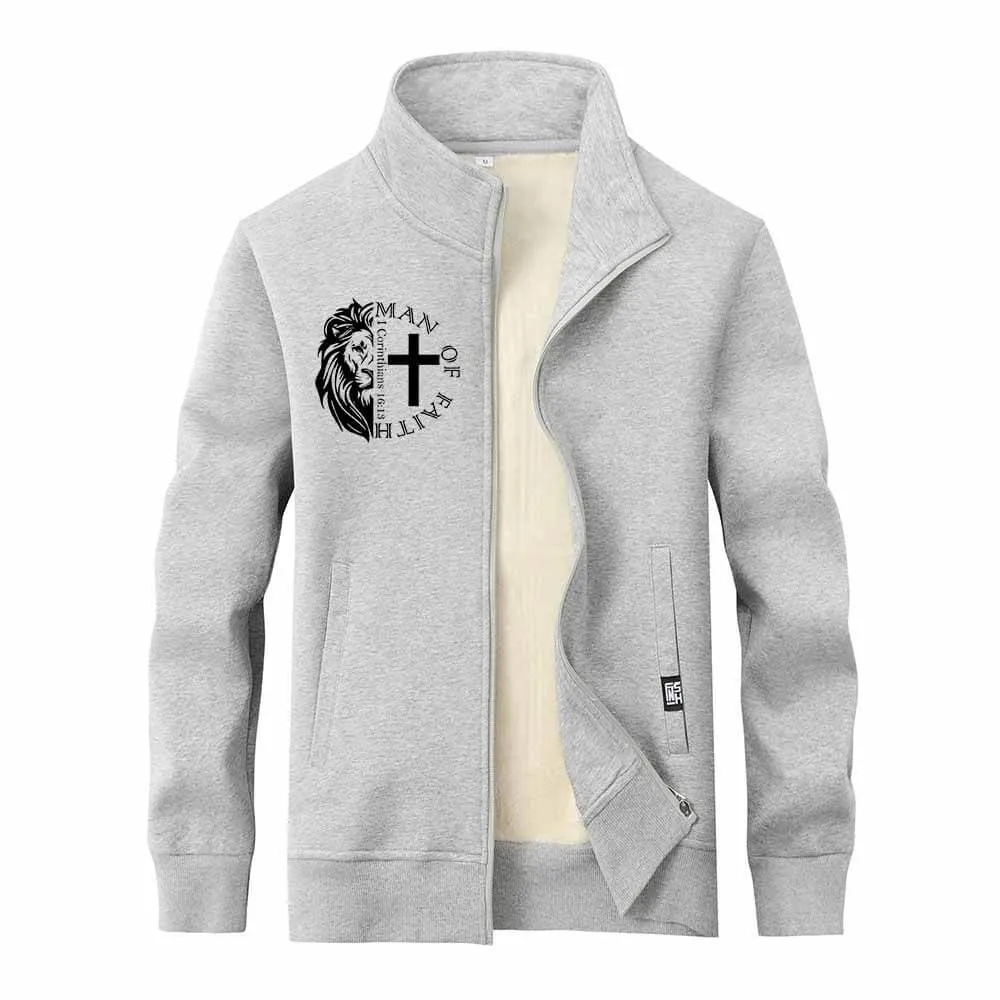 Man Of Faith Lion Cross Stand Collar Zip Fleece Sherpa Cardigan