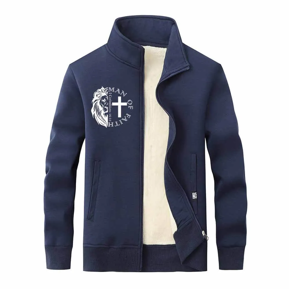 Man Of Faith Lion Cross Stand Collar Zip Fleece Sherpa Cardigan