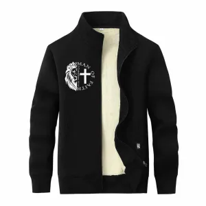 Man Of Faith Lion Cross Stand Collar Zip Fleece Sherpa Cardigan