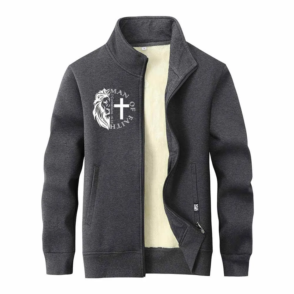 Man Of Faith Lion Cross Stand Collar Zip Fleece Sherpa Cardigan