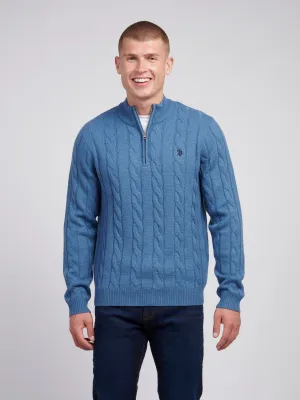 Mens Cable Knit Funnel Neck in Blue Horizon