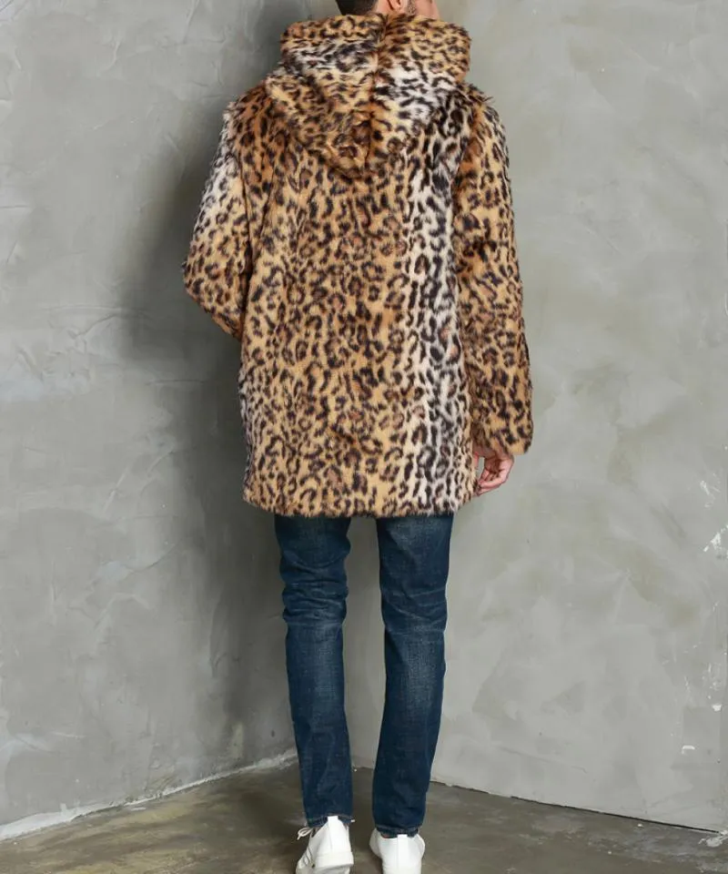 Men's Classic Casual Leopard Print Hooded Plush Faux Fur Coat 90965761K