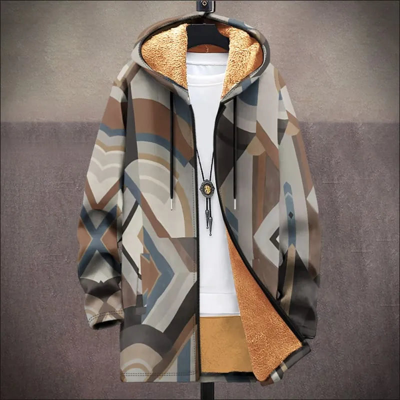 Men's Fleece Lined Hooded Ethnic Print Cardigan Coat