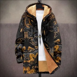 Men's Fleece Lined Hooded Ethnic Print Cardigan Coat