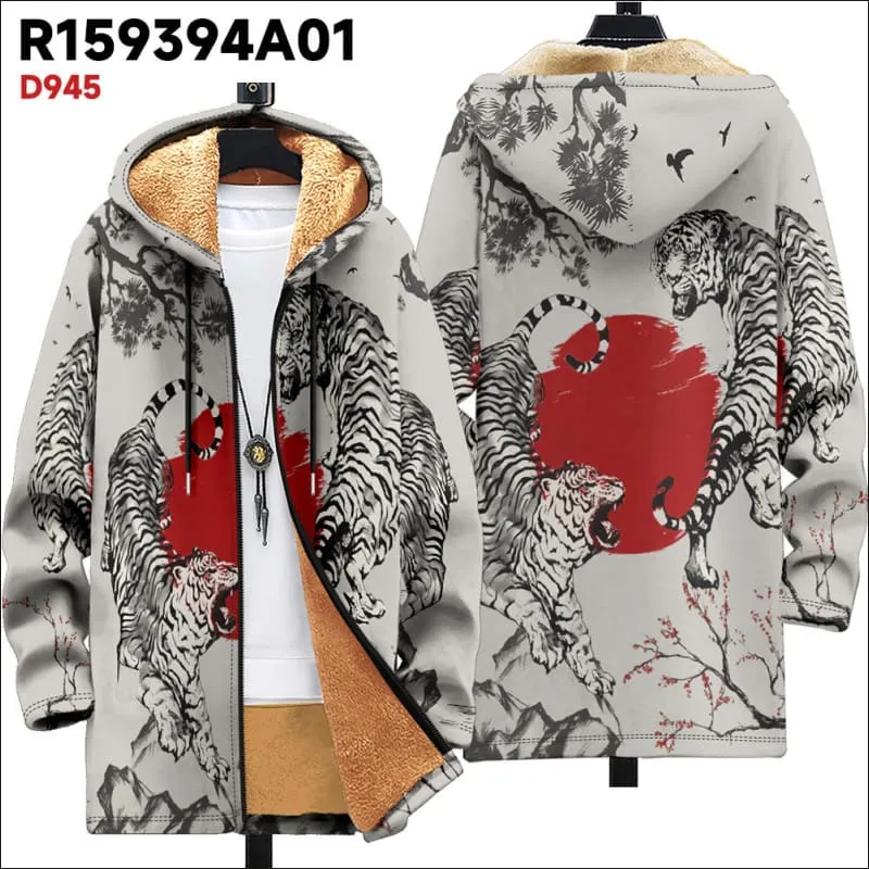 Men's Fleece Lined Hooded Ethnic Print Cardigan Coat