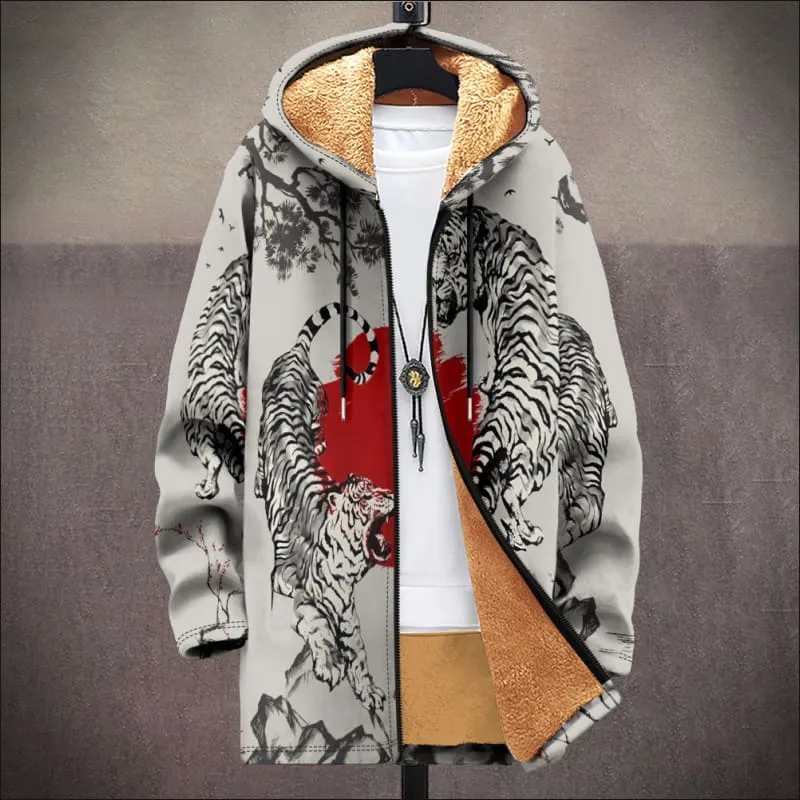 Men's Fleece Lined Hooded Ethnic Print Cardigan Coat