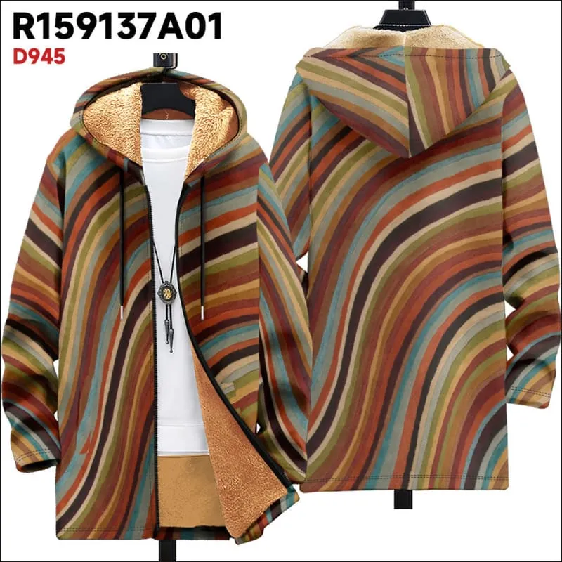 Men's Fleece Lined Hooded Ethnic Print Cardigan Coat