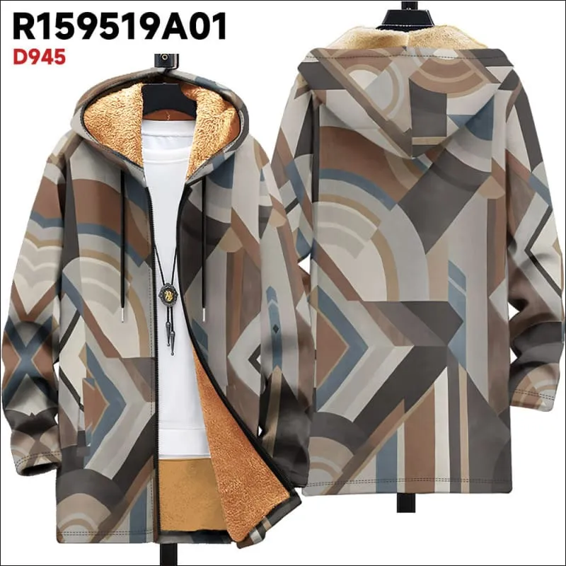 Men's Fleece Lined Hooded Ethnic Print Cardigan Coat