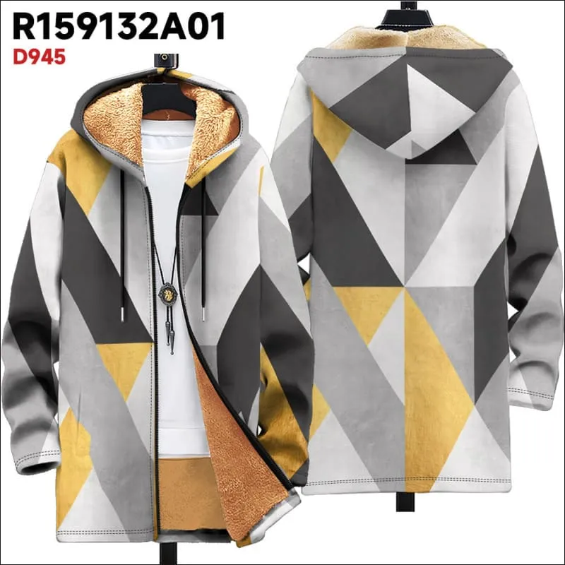 Men's Fleece Lined Hooded Ethnic Print Cardigan Coat