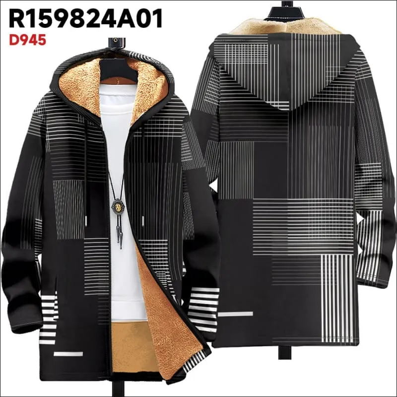 Men's Fleece Lined Hooded Ethnic Print Cardigan Coat