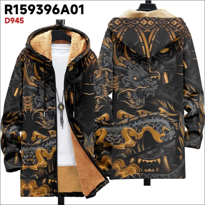 Men's Fleece Lined Hooded Ethnic Print Cardigan Coat