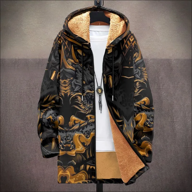 Men's Fleece Lined Hooded Ethnic Print Cardigan Coat