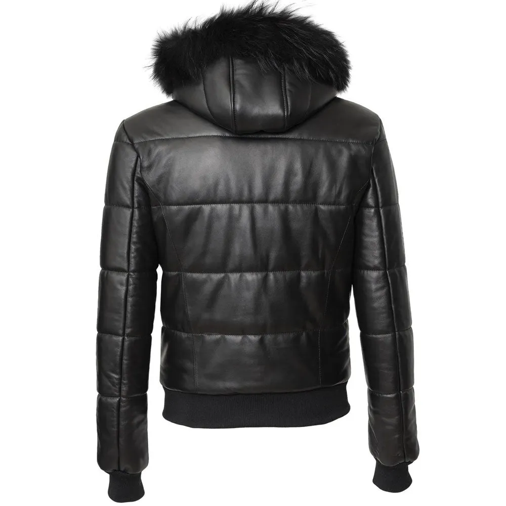 Mens Genuine Leather Winter Puffer Jacket Black With Fur Hood