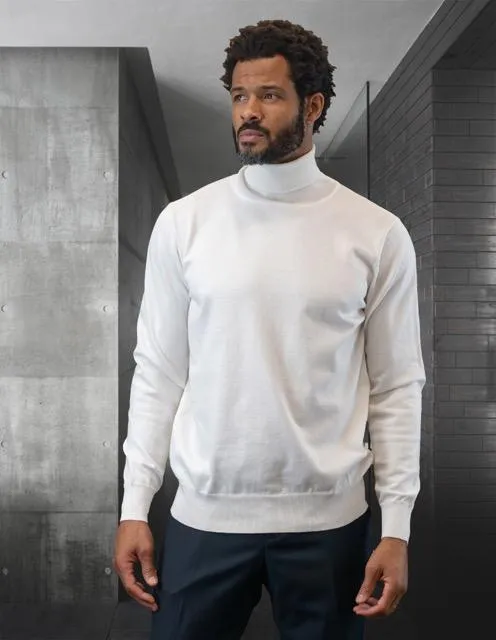 Men's White Turtleneck Long Sleeves Sweaters Light Blend Regular-Fit