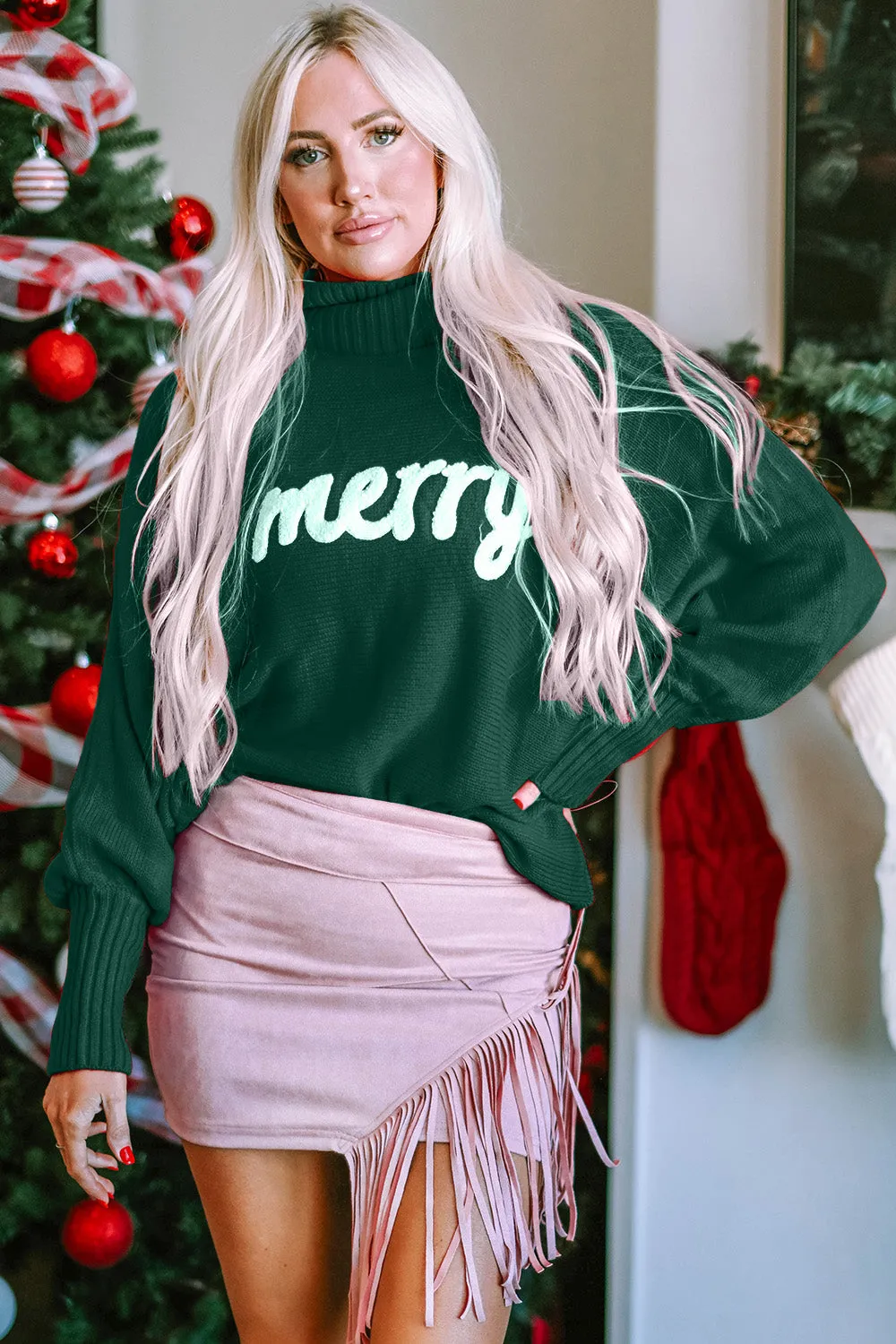 Merry Turtleneck Long Sleeve Christmas Sweater