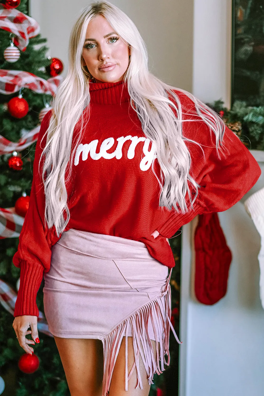 Merry Turtleneck Long Sleeve Christmas Sweater