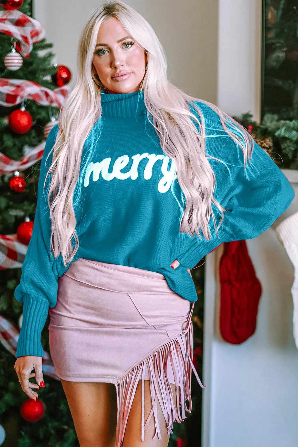 Merry Turtleneck Long Sleeve Christmas Sweater