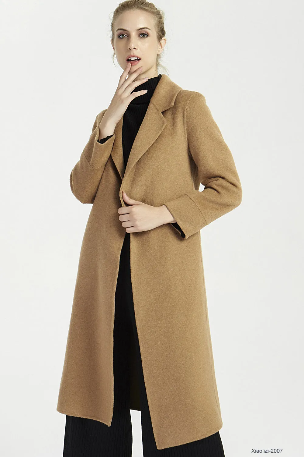 minimalist camel long trench coat with pockets 2007