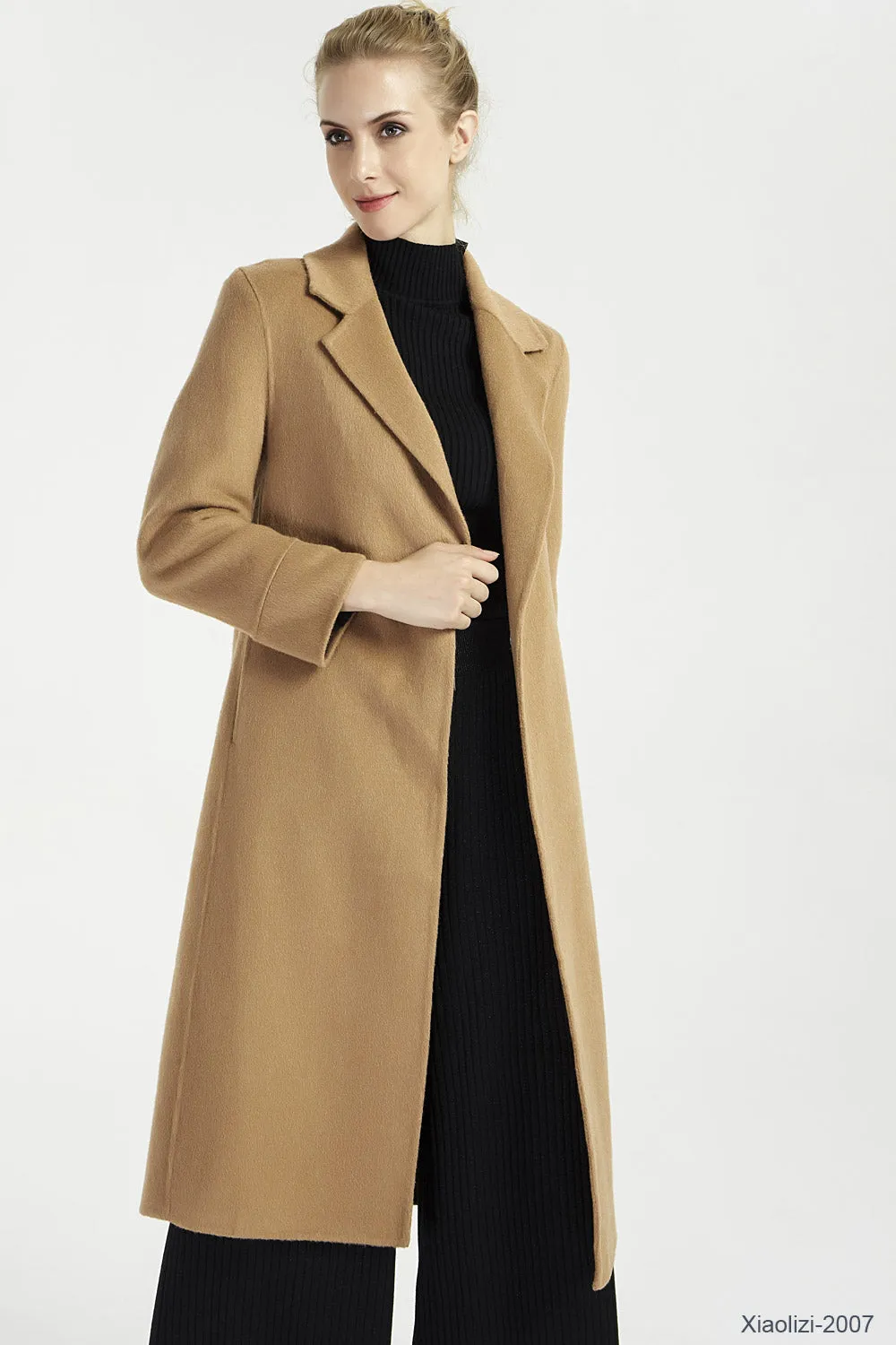 minimalist camel long trench coat with pockets 2007