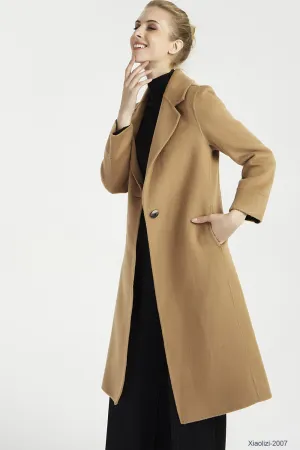 minimalist camel long trench coat with pockets 2007