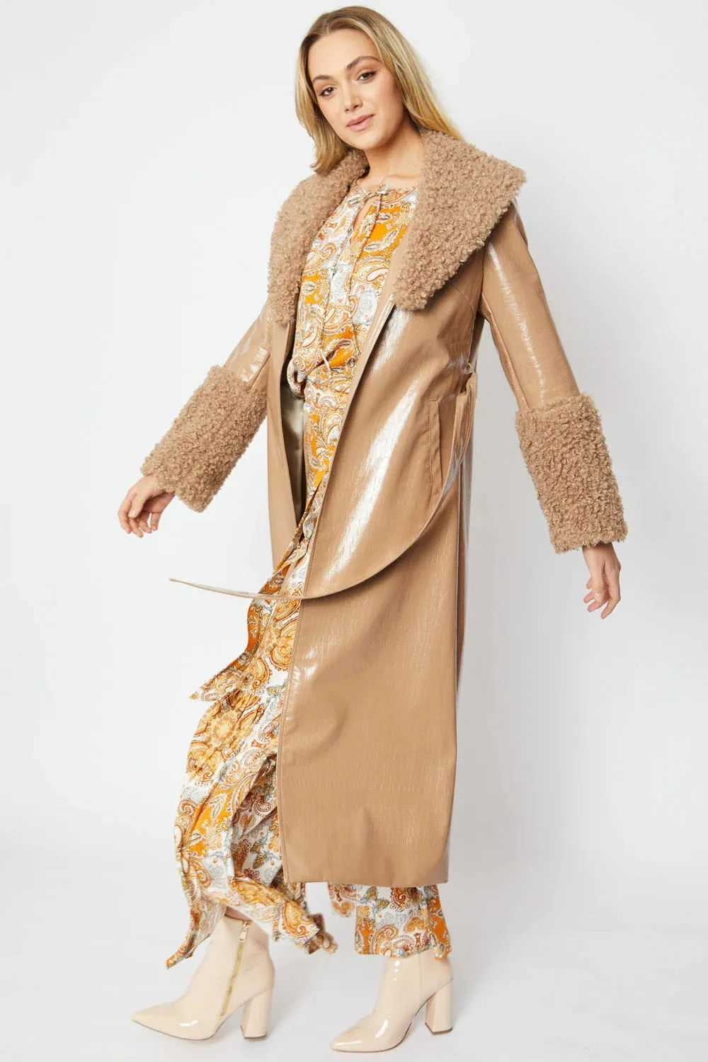 Mocha Faux Leather Trench Coat with Detachable Faux Mongolian Collar and Cuffs