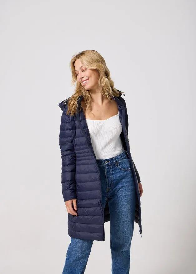 Navy Duck Down Midi Puffer Coat