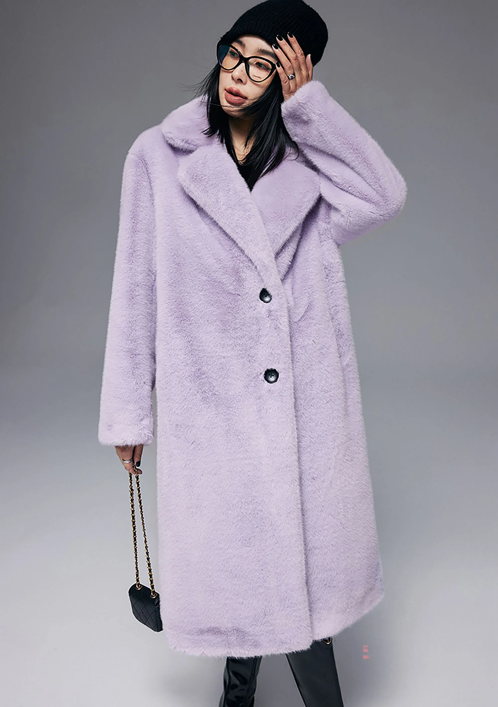 Notched Collar Faux Fur Midi Thick Coat