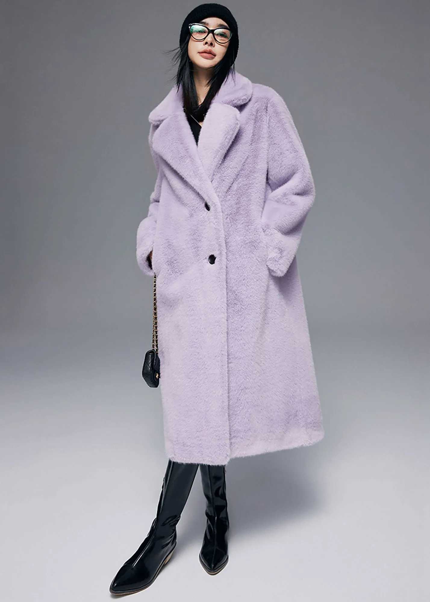 Notched Collar Faux Fur Midi Thick Coat