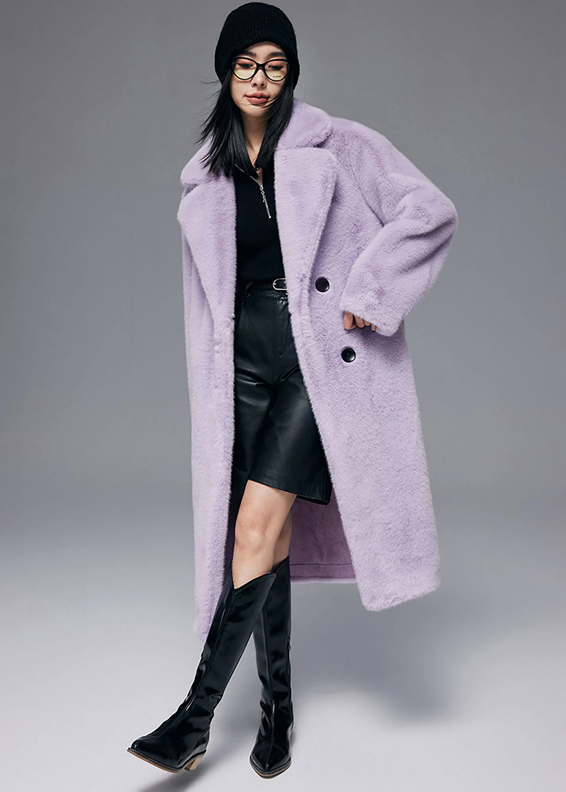 Notched Collar Faux Fur Midi Thick Coat