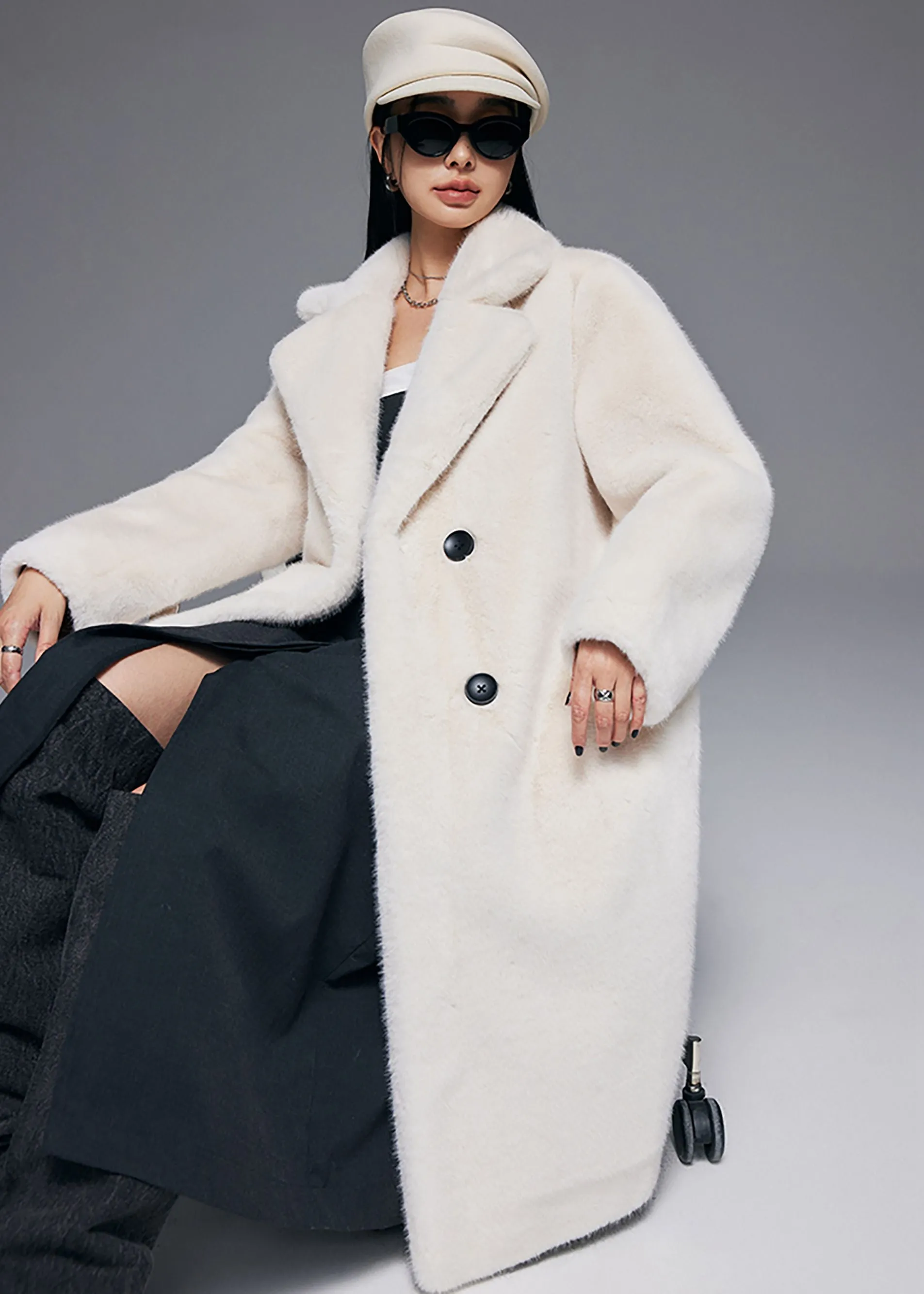 Notched Collar Faux Fur Midi Thick Coat