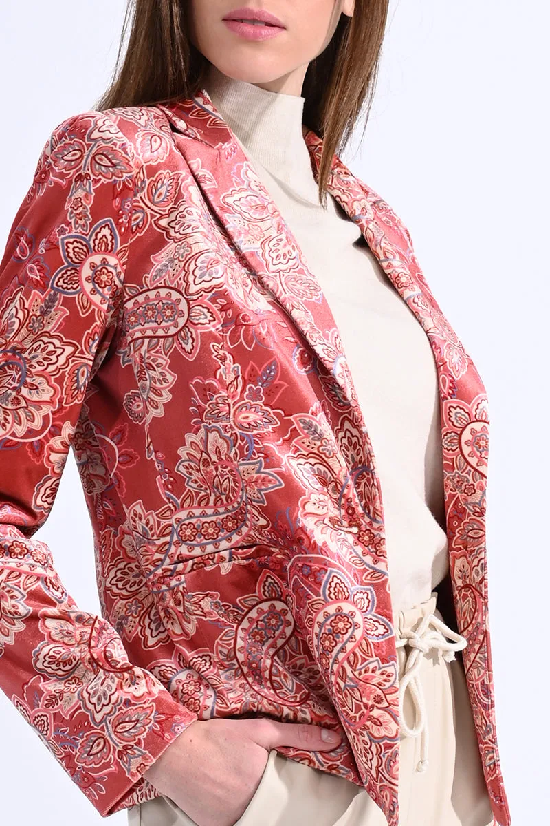 Paisley Velvet Blazer in Terracotta