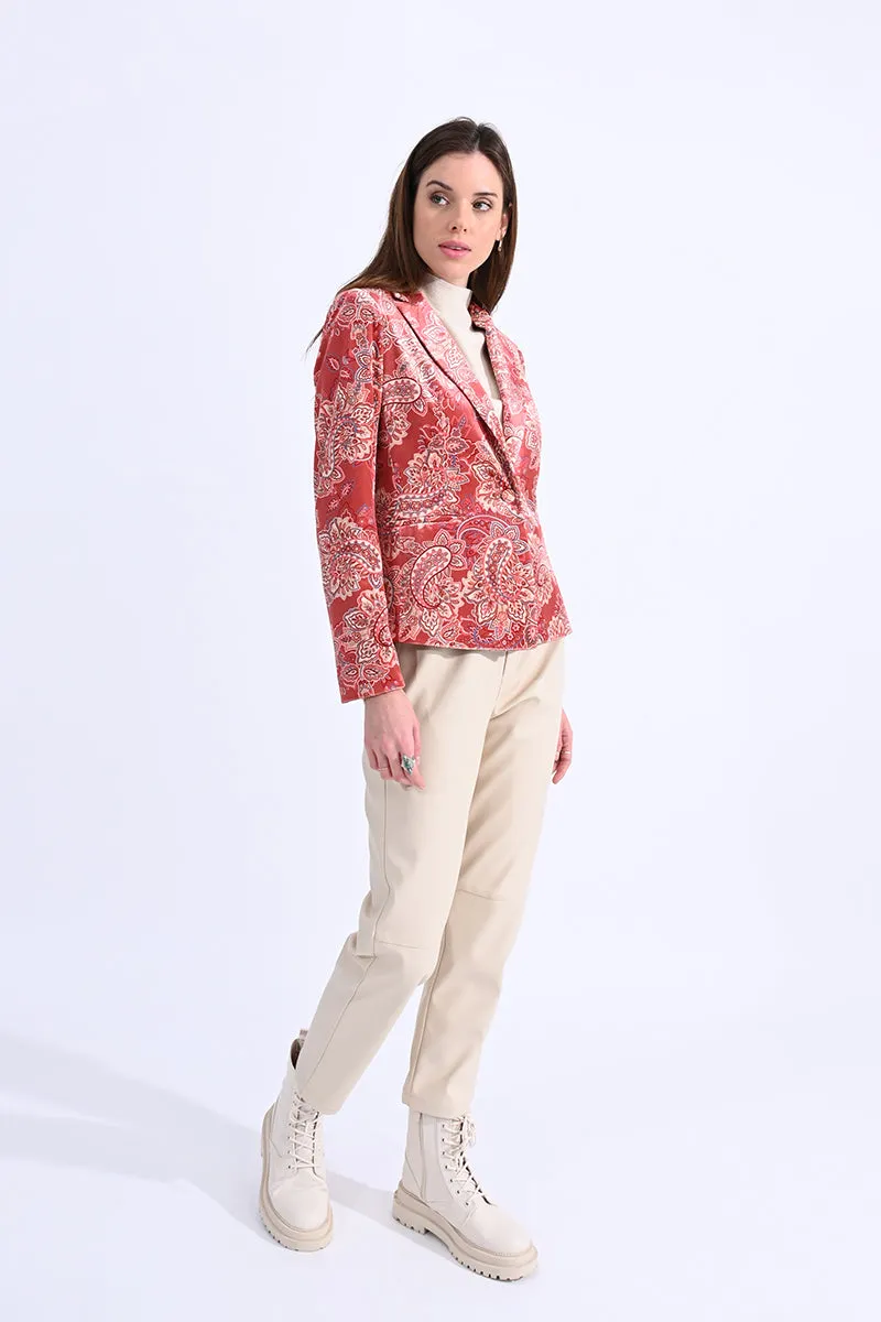 Paisley Velvet Blazer in Terracotta