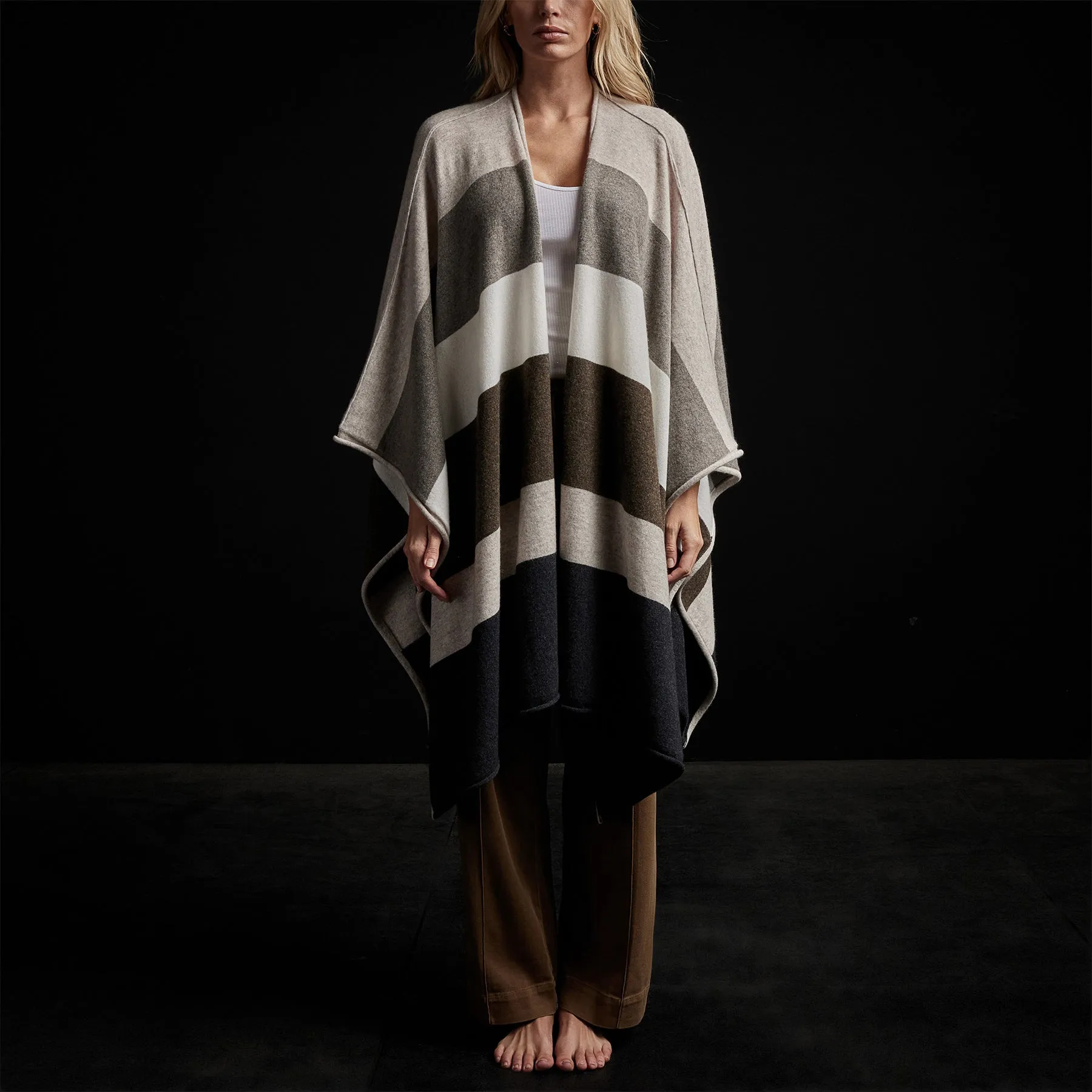 Recycled Cashmere Multi Striped Poncho - Beige Mix