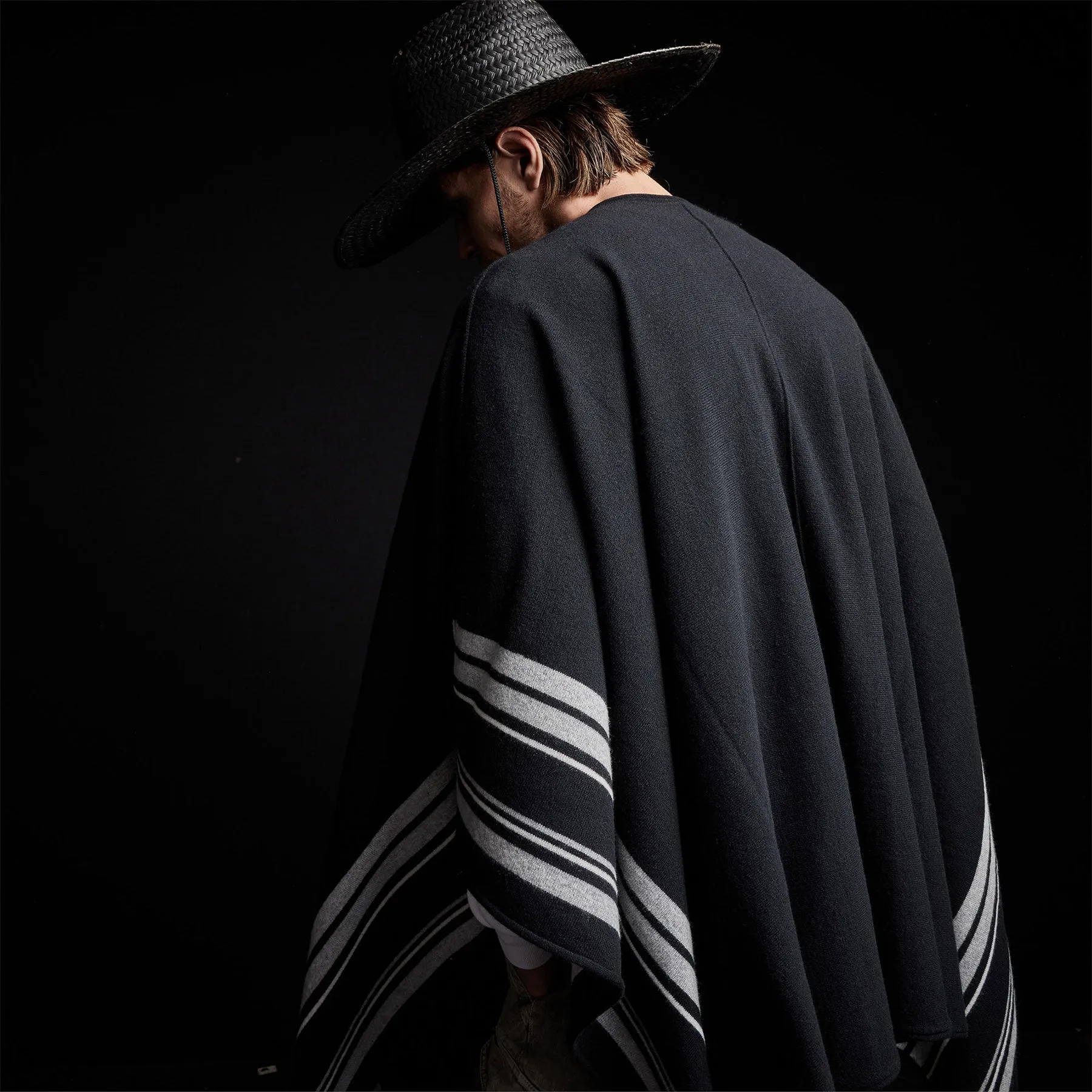 Recycled Cashmere Striped Poncho - Black