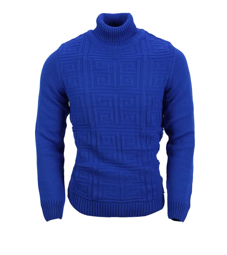 Royal Blue Men's Sweaters Greek Key Design Turtleneck Sweaters Light Blend