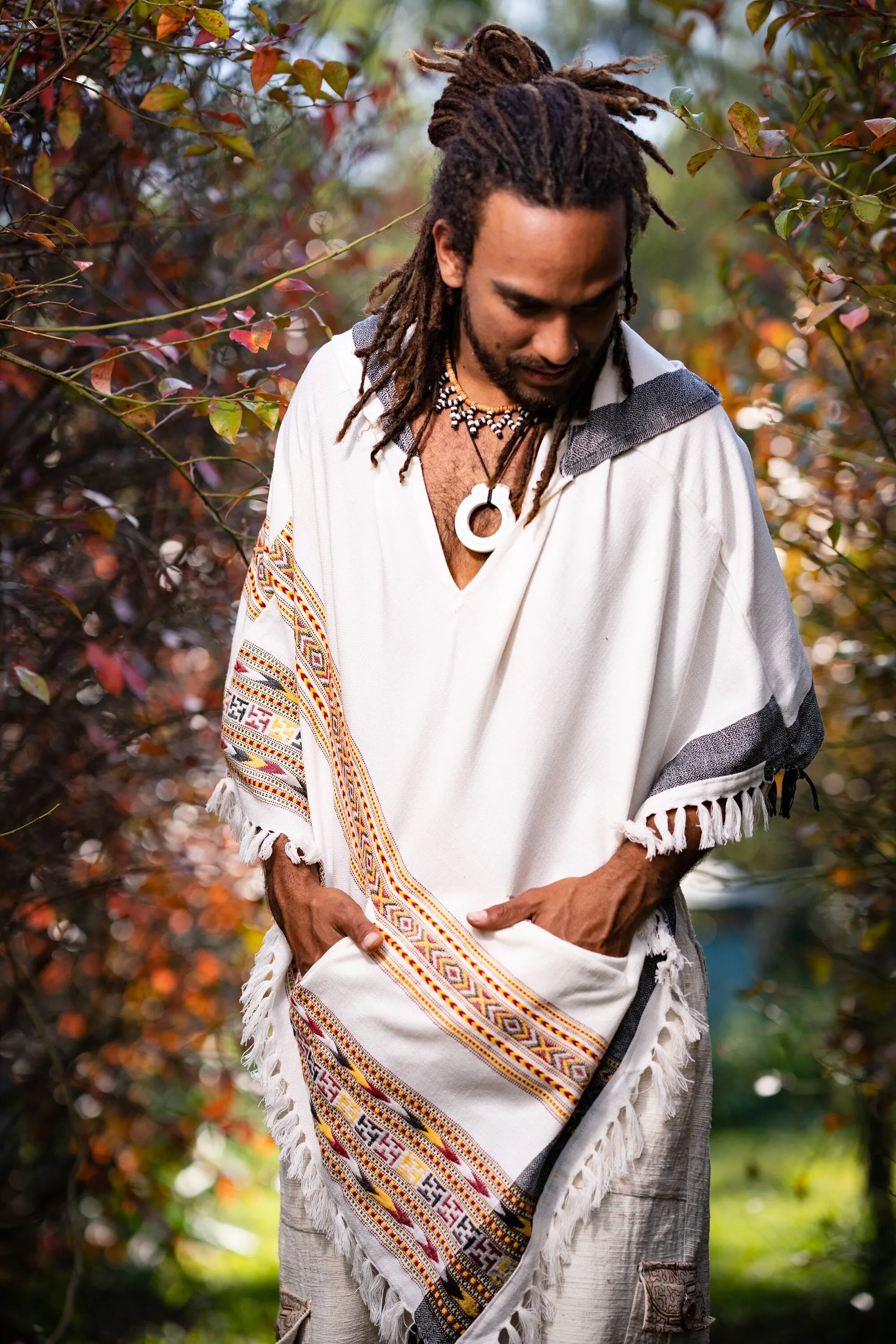 SAMADHI Mens Poncho Pure White Large Hood Yak Wool and Acrylic Wool Blend Tribal Embroidery Celtic Patterns Shamanic Festival Mexican AJJAYA