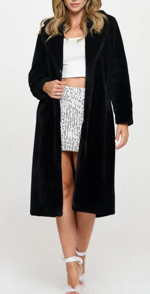 Sharon Faux Fur Long Trench Coat- Black