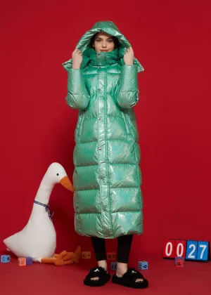 Shiny Green Hooded Goose Down Puffer Long Coat