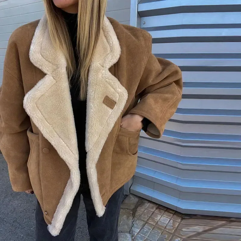 Suede faux fur shearling bomber jacket peacoat