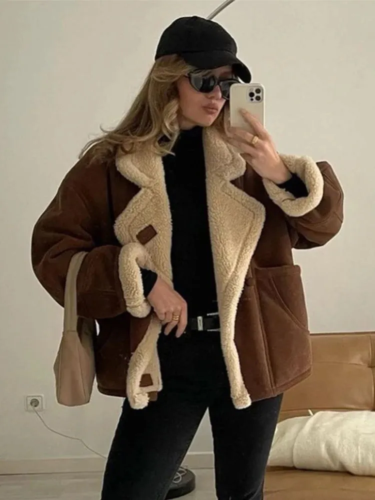 Suede faux fur shearling bomber jacket peacoat