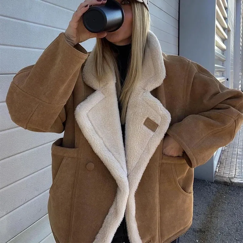 Suede faux fur shearling bomber jacket peacoat