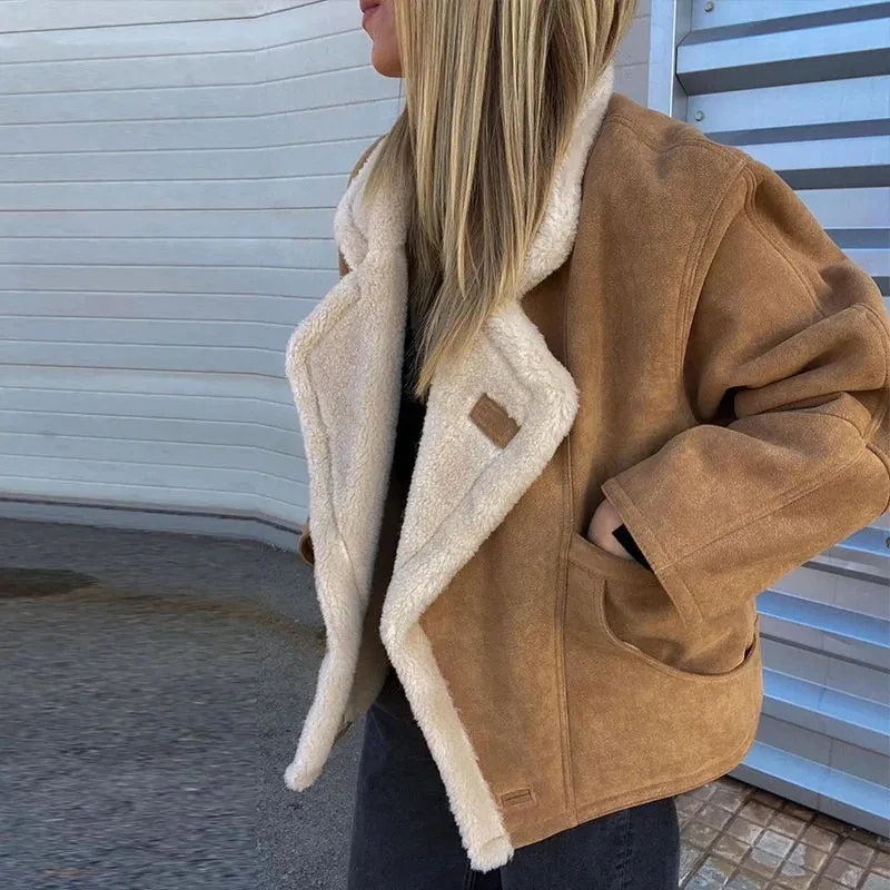 Suede faux fur shearling bomber jacket peacoat