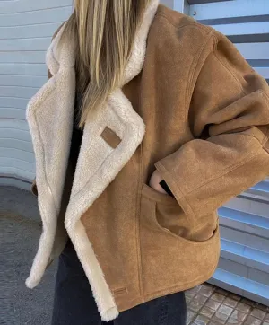 Suede faux fur shearling bomber jacket peacoat