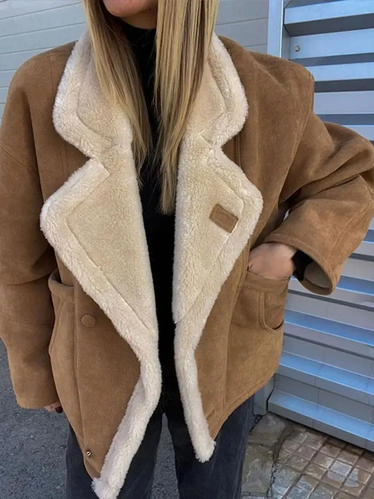 Suede faux fur shearling bomber jacket peacoat