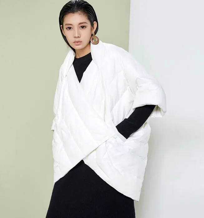 Two Ways Wear Women Jacket, Winter Puffer Coat Cloak, Loose Duck Down Jackets Cape 2239