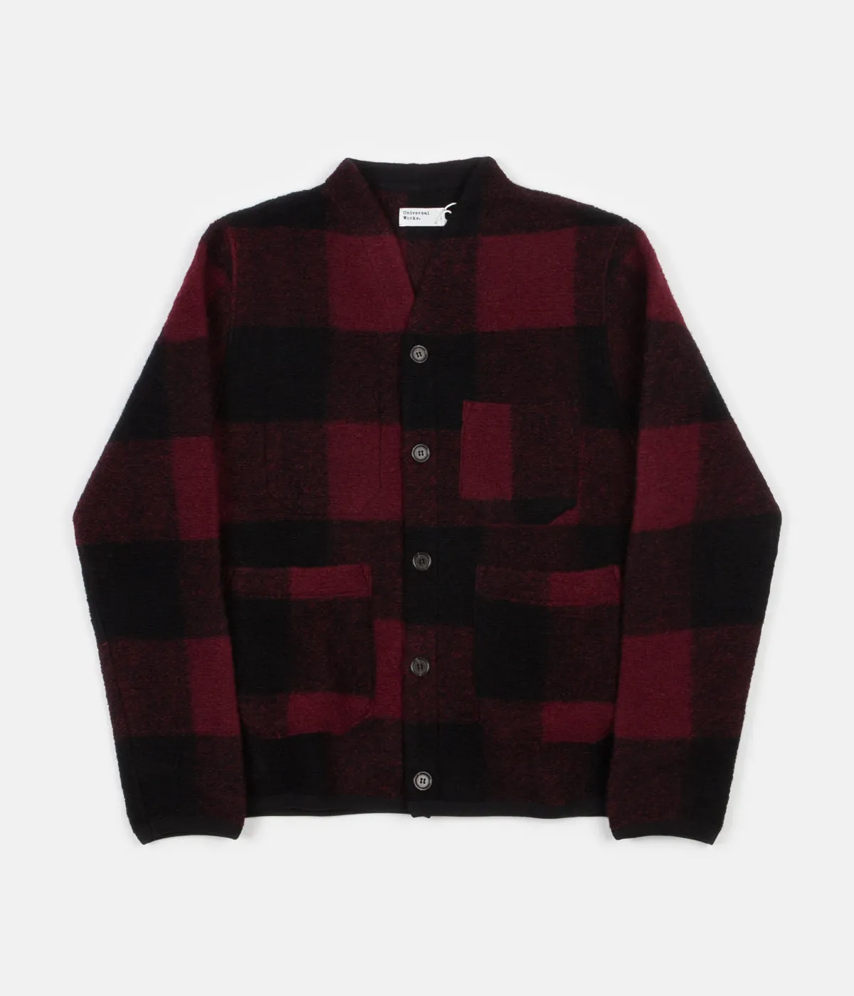 Universal Works Check Wool Fleece Cardigan - Red Check