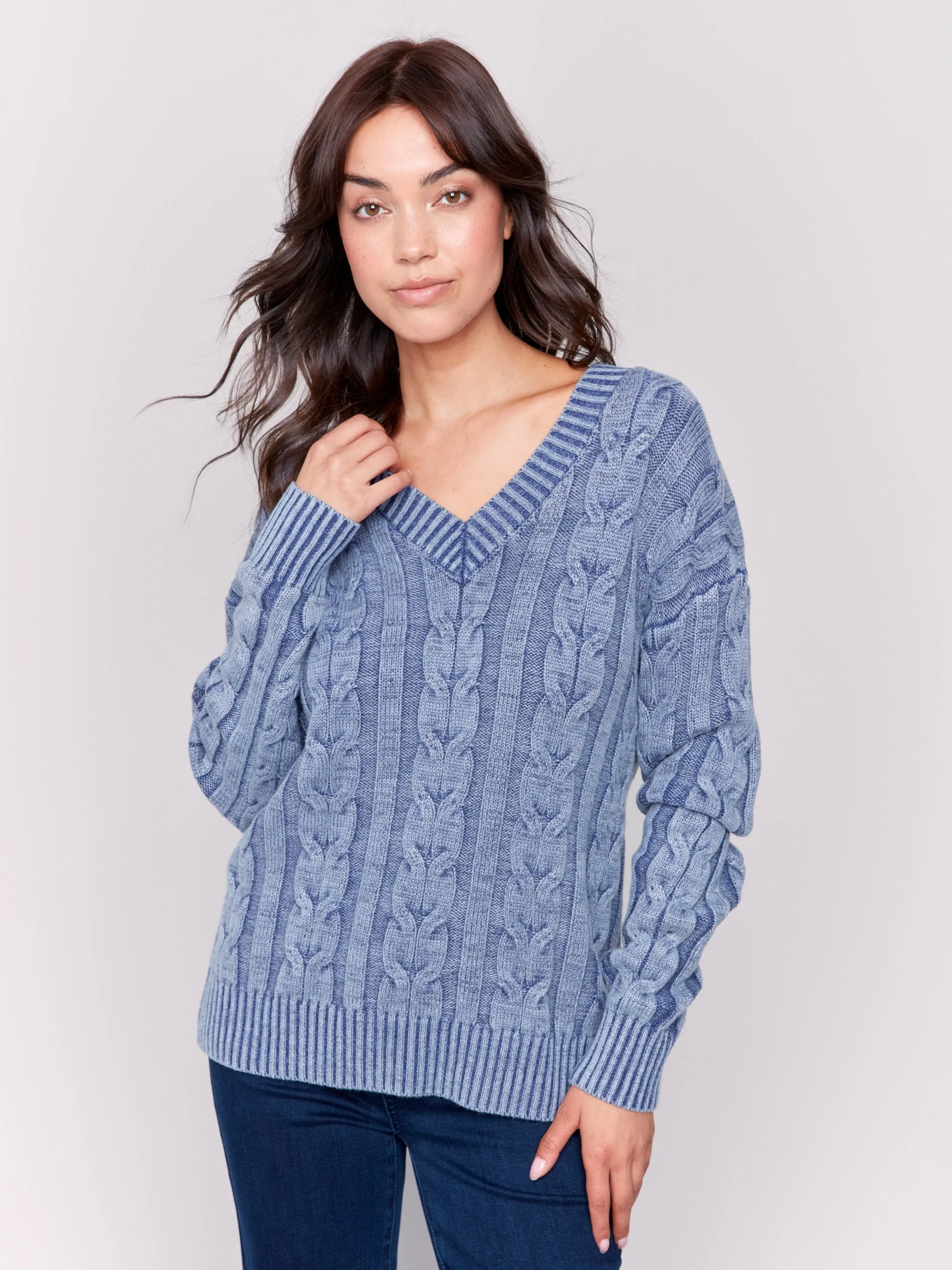 V-Neck Cable Knit Sweater - Denim