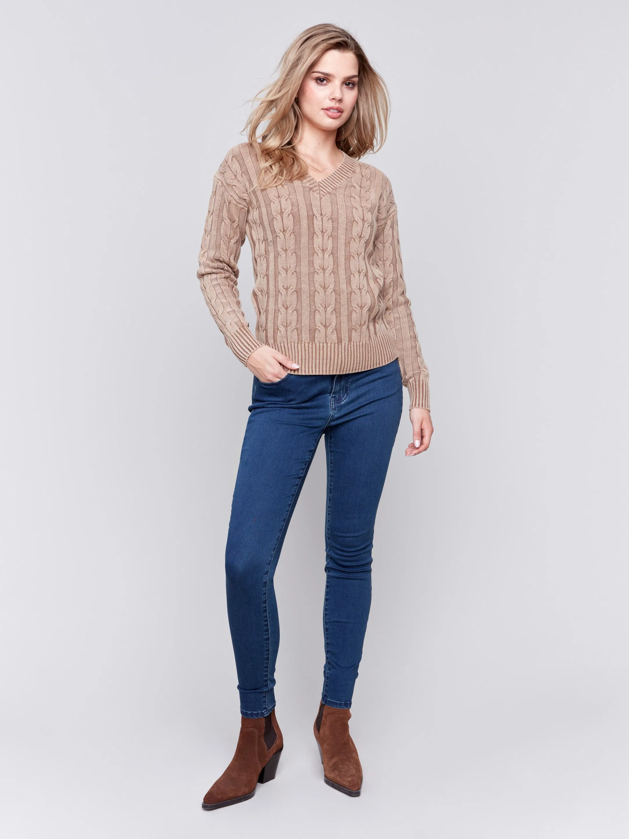 V-Neck Cable Knit Sweater - Truffle